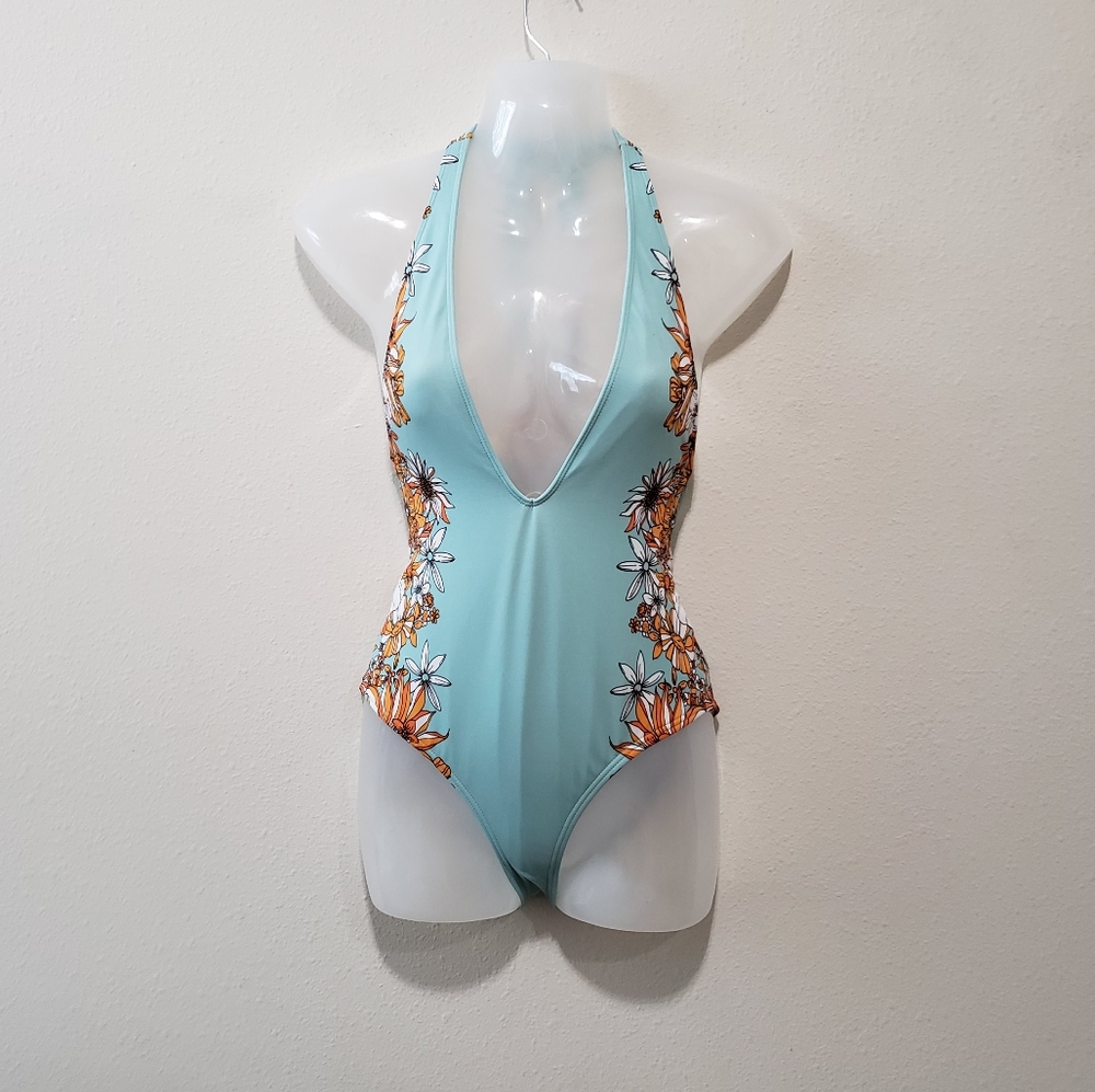 Out From Under Blue Floral Plunge Halter T-Strap One Piece Swimsuit Size Small